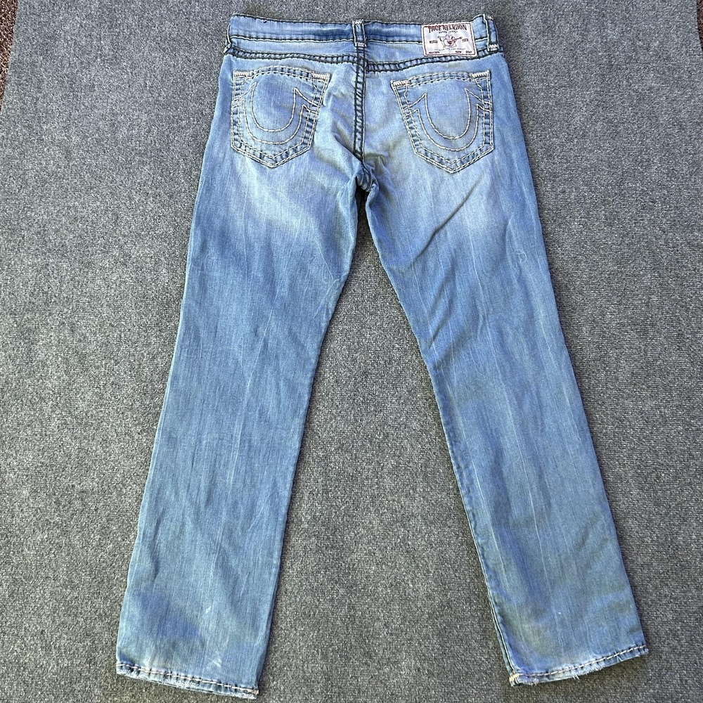 True Religion Ricky Relaxed Straight Jeans Mens 36x34 Blue Light Wash Distressed - Picture 2 of 16